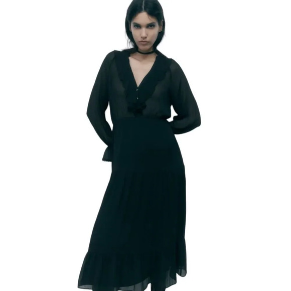 ZARA | Black | MIDI DRESS WITH RUFFLES - Picture 6 of 9